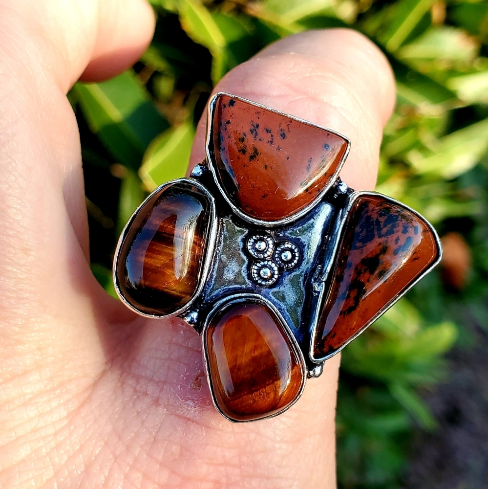 New Tiger Eye & Mahogany Obsidian 925 Silver Ring.